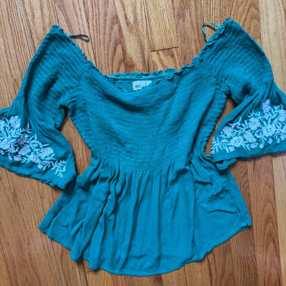 Vintage Hollister green/teal off the shoulder floral blouse size small women's